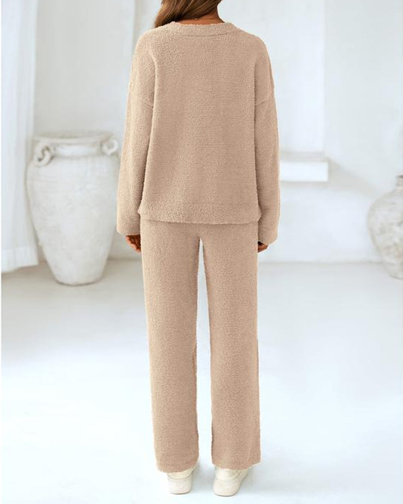 Soft Fuzzy V-Neck Loungewear Set